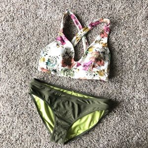 Prana two piece bathing suit bikini floral top solid bottom bohemian classic